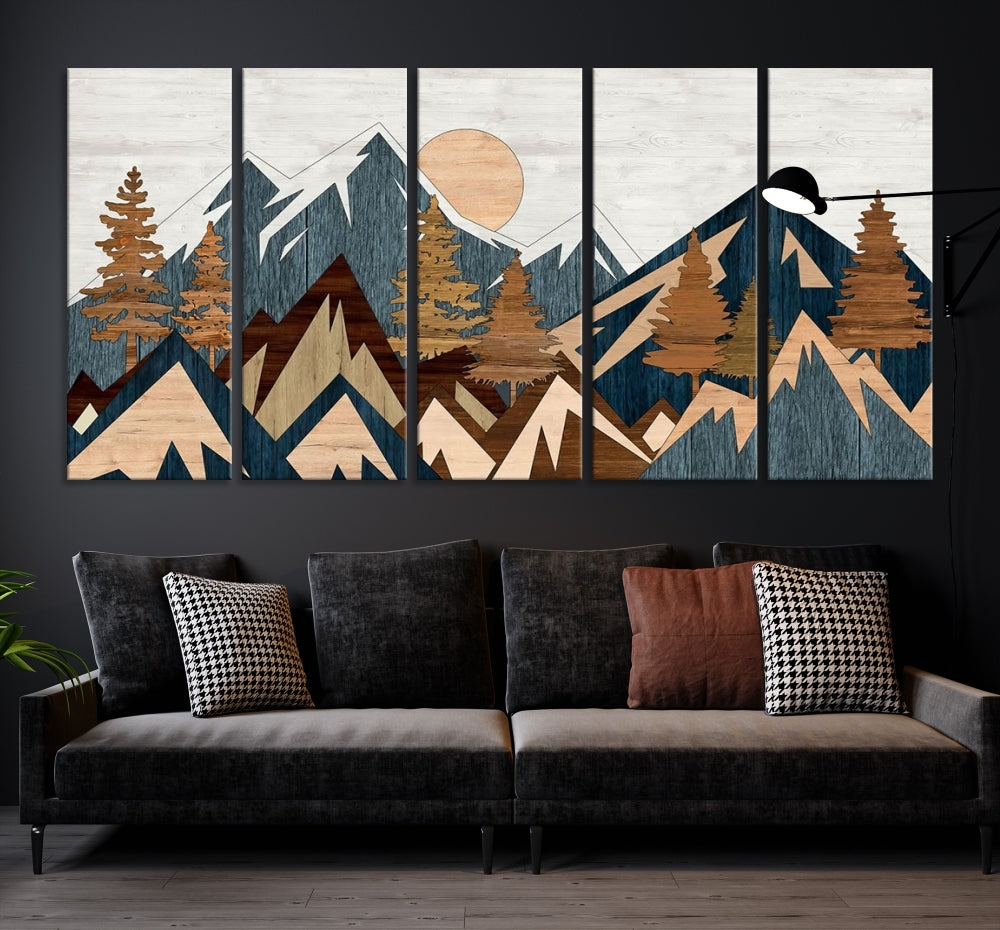 The Abstract Wood Panel Effect Mountain Range Top Wall Art Canvas Print is a striking three-panel art piece featuring mountains, trees, and the sun. Each canvas is gallery wrapped on museum-quality materials and comes with UV protection to ensure durability and preservation.