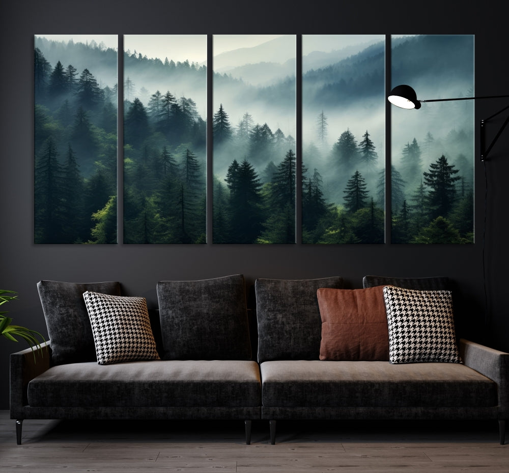 The Captivating Misty Forest Wall Art Premium Canvas Print offers a foggy and serene ambiance, enhancing the modern living room's atmosphere.