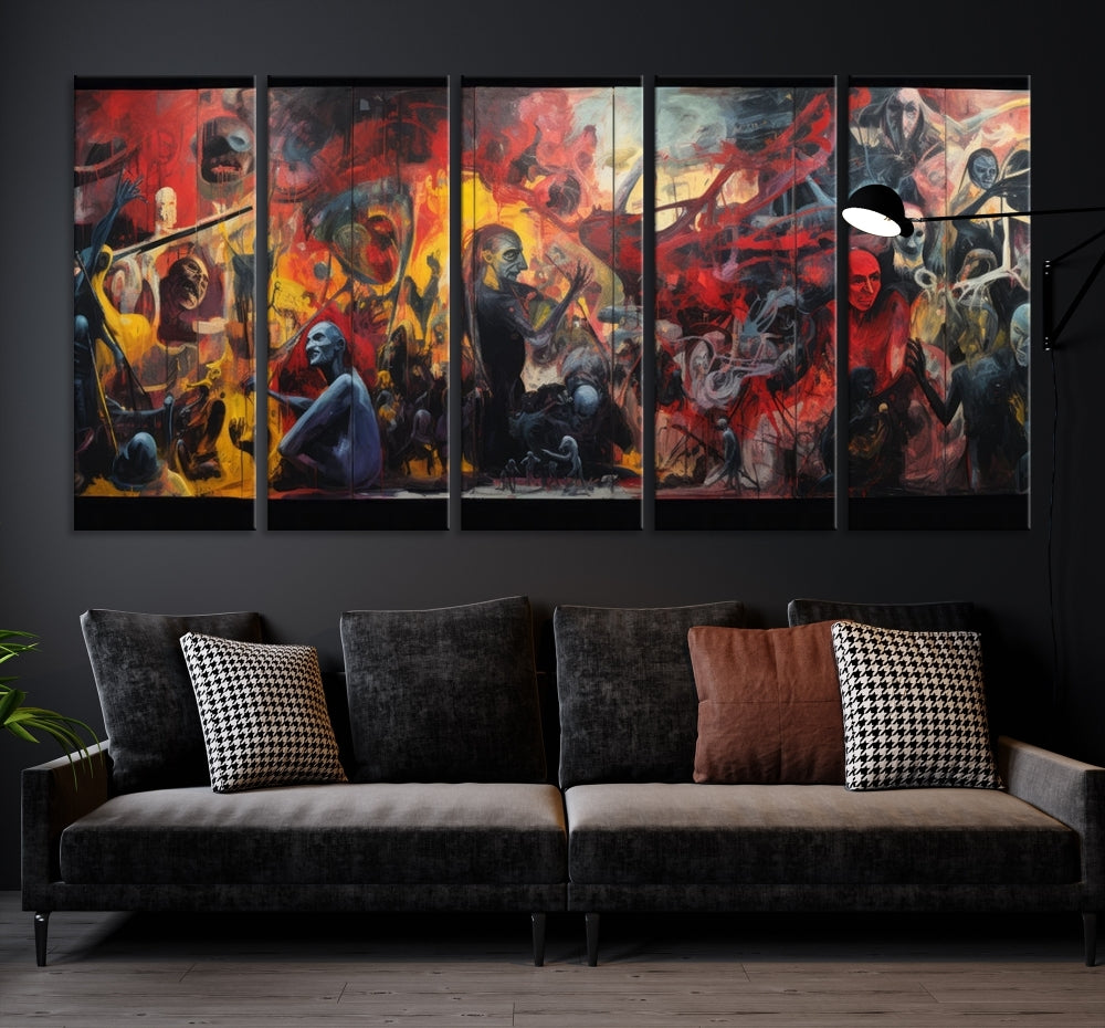 A vibrant Abstract Graffiti Wall Art triptych made of premium canvas, handmade in the USA, adorns the living room.