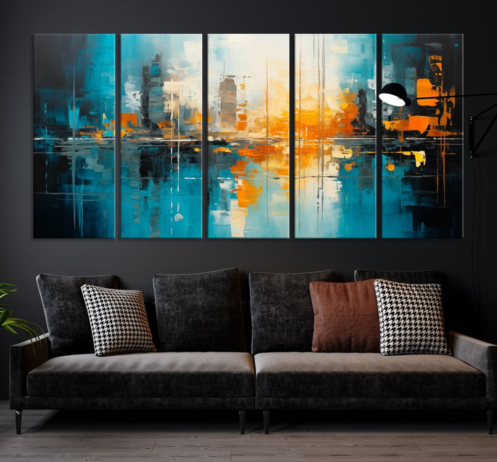 The Large Modern Abstract Wall Art Canvas Print, gallery wrapped on museum-quality canvas, enhances the modern living room setting.