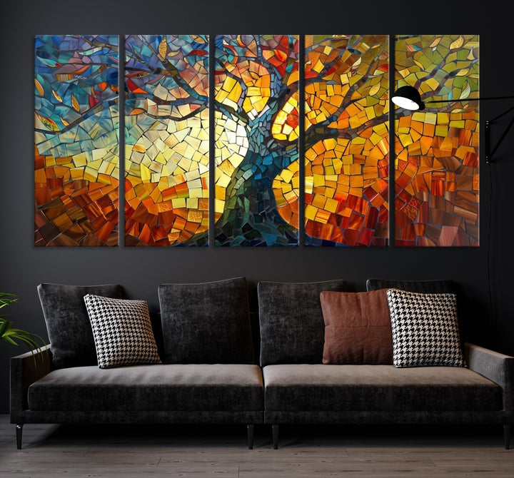 The dining area features the Mosaic Tree Canvas Wall Art, showcasing a vibrant stained glass-inspired Tree of Life called Yggdrasil with colorful leaves.