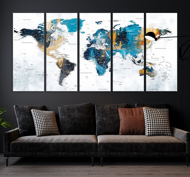 The World Map Turquoise Orange Wall Art Canvas Print, a triptych crafted on museum-quality canvases, adds aesthetic appeal and durability to the space.