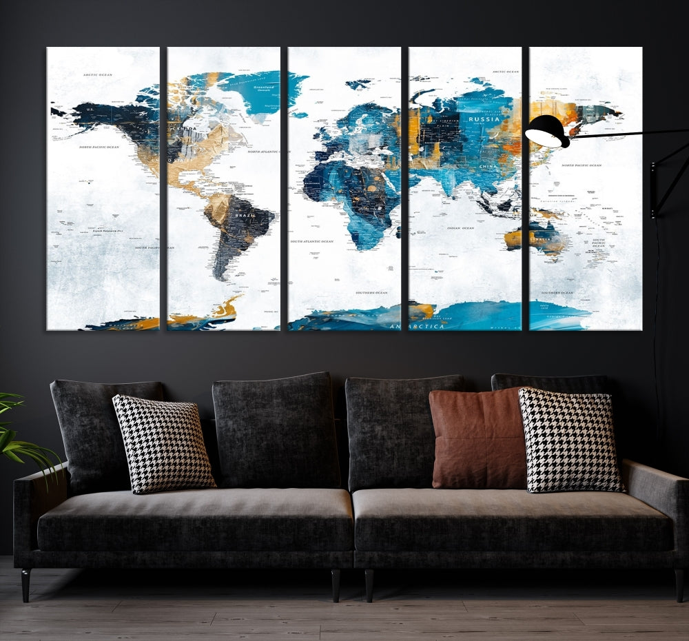 The "Turquoise Orange World Map Canvas Wall Art" showcases striking blue and orange tones. This museum-quality canvas features a UV-protective coating for enhanced durability and vibrant color retention.