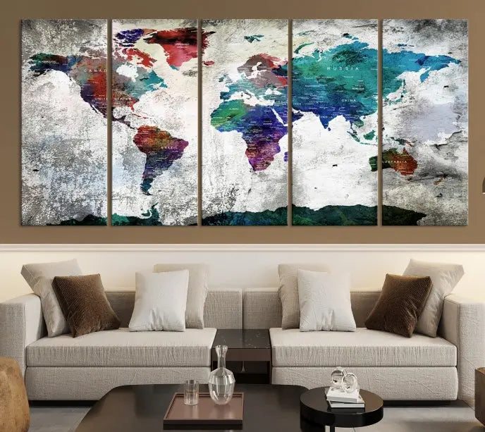 A three-panel World Map Wall Art Canvas Print, crafted with museum-quality materials, adorns the wall.