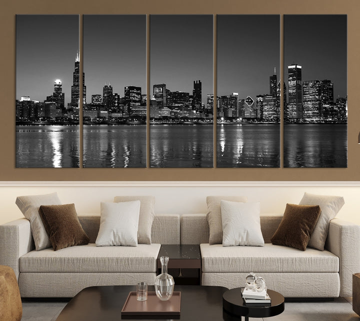 The Chicago Wall Art Canvas Print, a black and white triptych of a city skyline, adorns the space. This museum-quality canvas art arrives ready to hang, effortlessly merging sophistication with contemporary design.