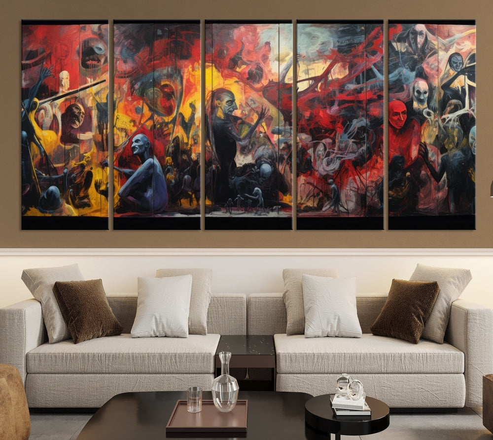 A vibrant Abstract Graffiti Wall Art triptych made of premium canvas, handmade in the USA, adorns the living room.