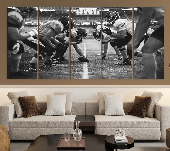 The "American Football Match Wall Art Canvas Print," featuring a black and white photo of a football game, is displayed as a triptych. This artwork is printed on museum-quality canvases and protected with a UV-coating.