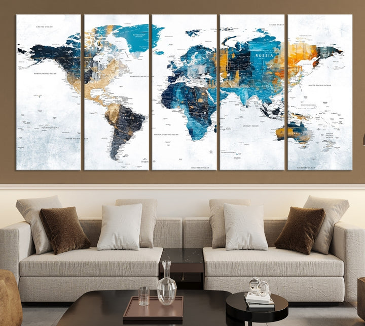 The World Map Turquoise Orange Wall Art Canvas Print, a triptych crafted on museum-quality canvases, adds aesthetic appeal and durability to the space.