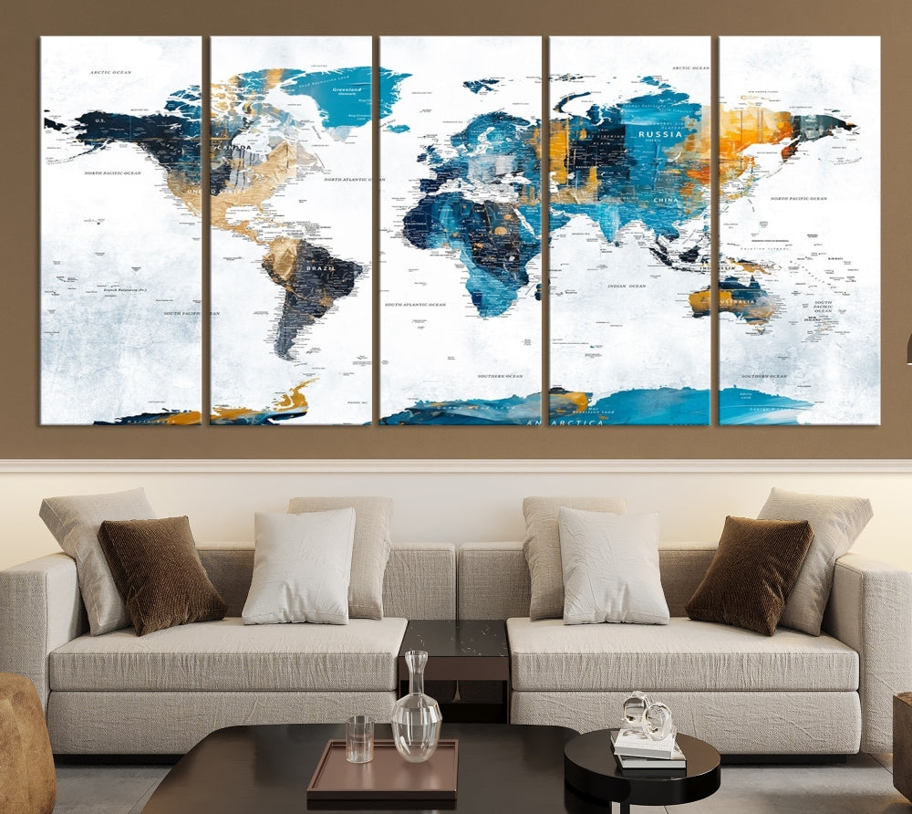 The "Turquoise Orange World Map Canvas Wall Art" showcases striking blue and orange tones. This museum-quality canvas features a UV-protective coating for enhanced durability and vibrant color retention.