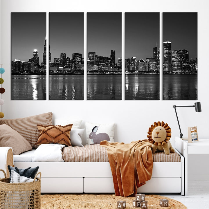 The Chicago Wall Art Canvas Print, a black and white triptych of a city skyline, adorns the space. This museum-quality canvas art arrives ready to hang, effortlessly merging sophistication with contemporary design.