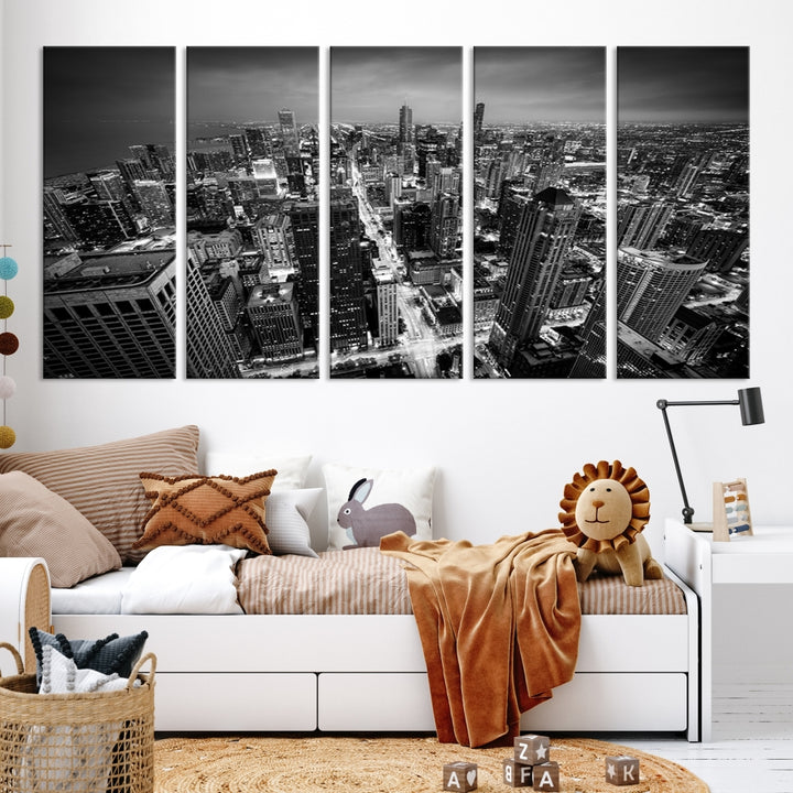 A Chicago Wall Art Canvas Print, specifically the Chicago City Night Canvas Print, is displayed in handcrafted frames.