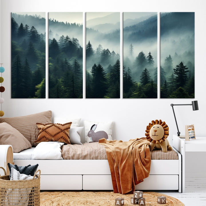 The Captivating Misty Forest Wall Art Premium Canvas Print offers a foggy and serene ambiance, enhancing the modern living room's atmosphere.