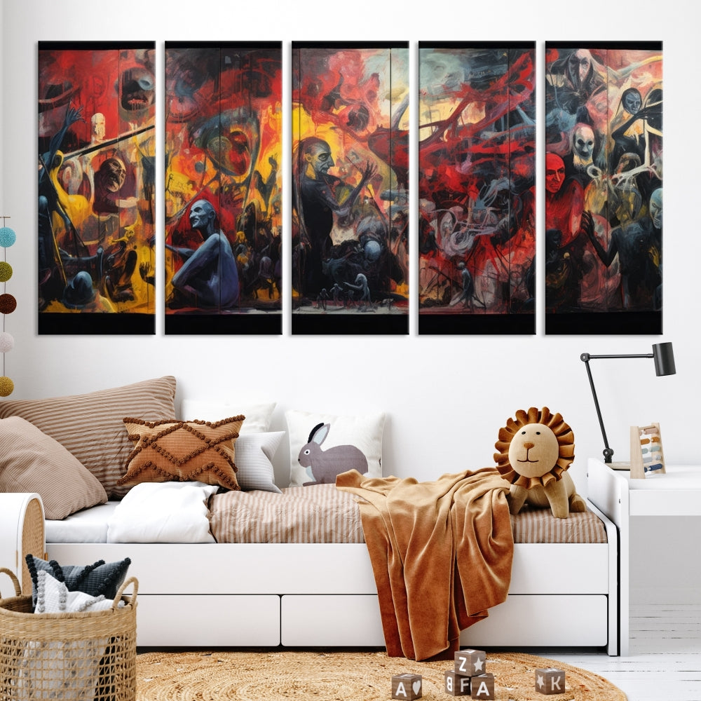 A vibrant Abstract Graffiti Wall Art triptych made of premium canvas, handmade in the USA, adorns the living room.