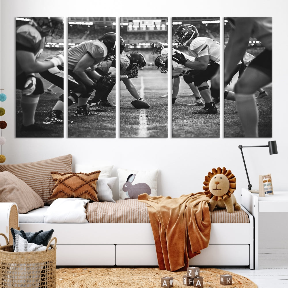 The "American Football Match Wall Art Canvas Print," featuring a black and white photo of a football game, is displayed as a triptych. This artwork is printed on museum-quality canvases and protected with a UV-coating.