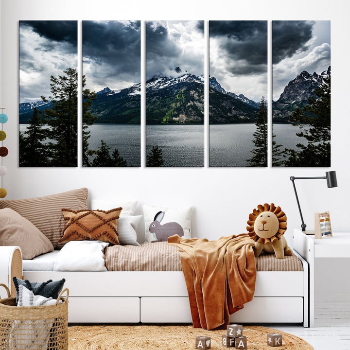 Grand Teton National Park Canvas Wall Art – Majestic Mountain Landscape Under Dramatic Clouds - Ready to Hang