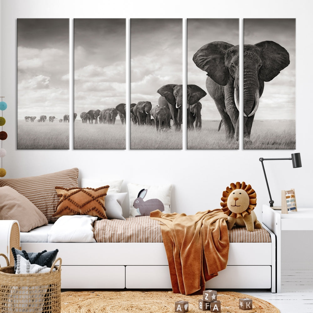 The "Herd of Elephants Wall Art Canvas Print" features an elegant black and white triptych of elephants walking in a line, beautifully displayed on museum-quality canvas with a UV-protective coating. This artwork arrives ready to hang and adds sophistication to any space.