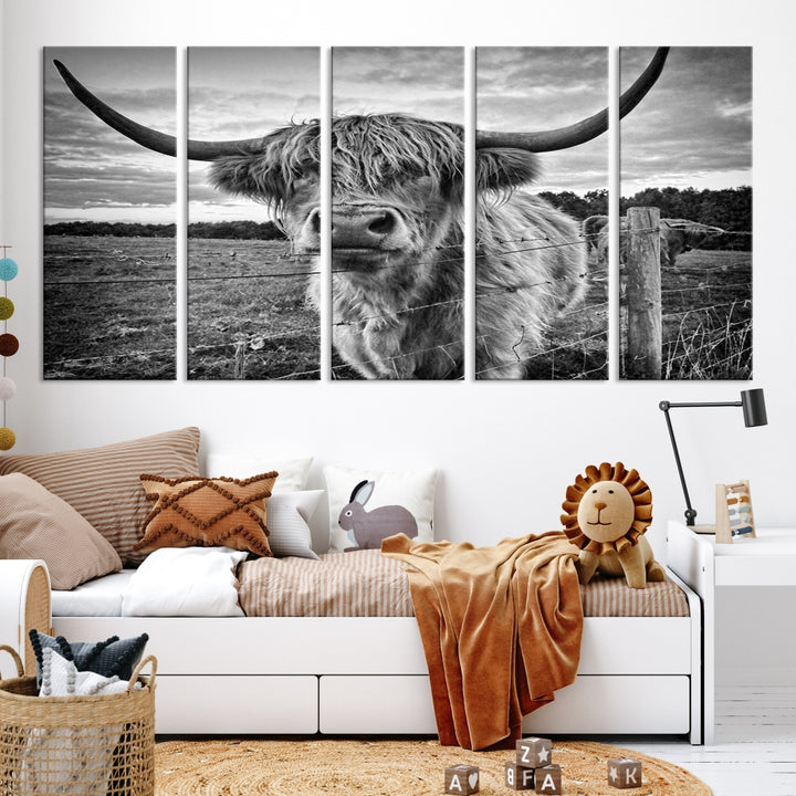 The "Scottish Highland Cow Canvas Wall Art Farmhouse Decor" adds a touch of rustic charm to your living room wall above the couch.