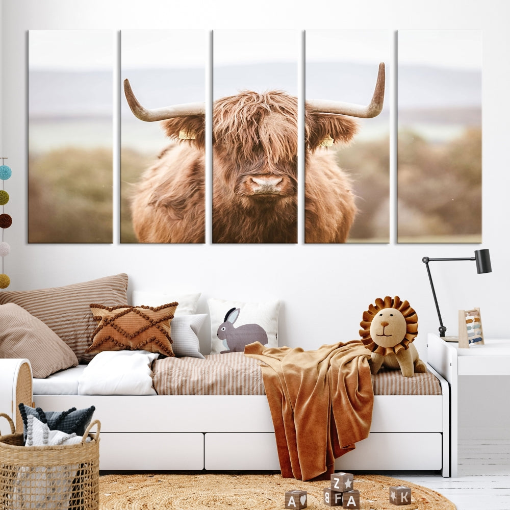 Canvas wall art featuring a Highland cow with long, shaggy fur in natural pastel tones, ready to hang.