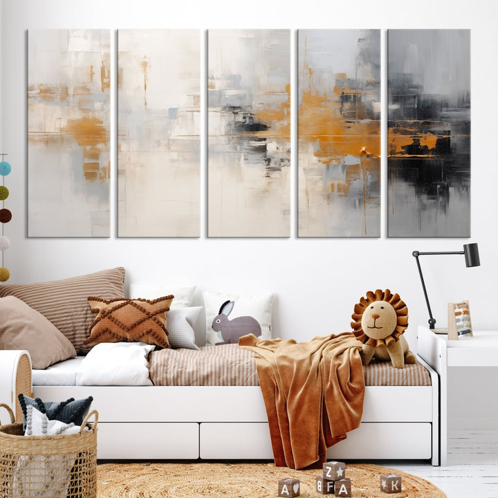 The Orange Pastel Abstract Wall Art Canvas Print, featuring a triptych of orange, white, and black hues, is elegantly displayed on museum-quality canvas.