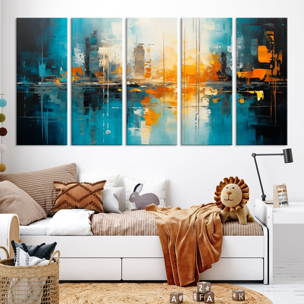 The Large Modern Abstract Wall Art Canvas Print, gallery wrapped on museum-quality canvas, enhances the modern living room setting.