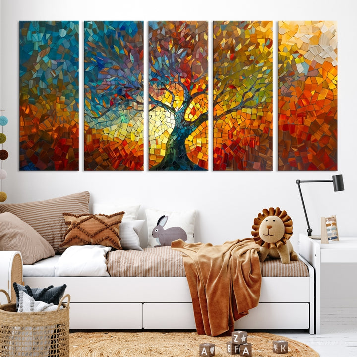 Pintura de mosaico colorido de Yggdrasil, impresión de lienzo de vidrieras, arte del árbol de la vida, arte de la mitología nórdica, regalo de mitología, arte celta