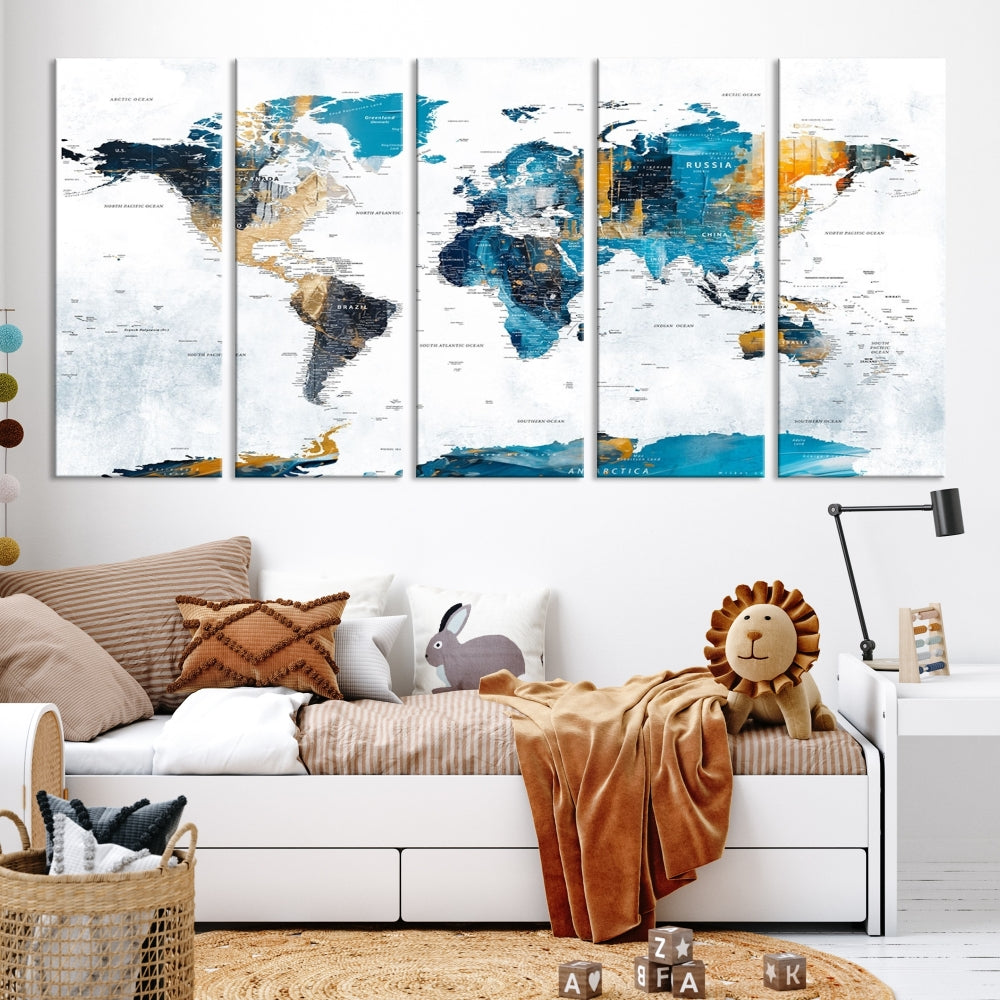 The "Turquoise Orange World Map Canvas Wall Art" showcases striking blue and orange tones. This museum-quality canvas features a UV-protective coating for enhanced durability and vibrant color retention.