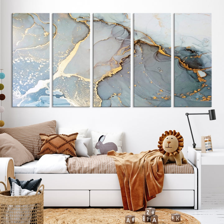 The Marble Texture Canvas Wall Art – Abstract Modern Design with Gold Accents is a perfect choice to enhance your modern space, featuring a triptych design on dark texture.