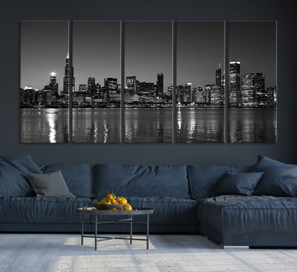 The Chicago Wall Art Canvas Print, a black and white triptych of a city skyline, adorns the space. This museum-quality canvas art arrives ready to hang, effortlessly merging sophistication with contemporary design.