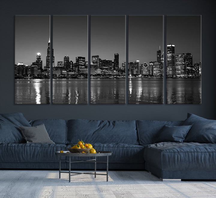 The Chicago Wall Art Canvas Print, a black and white triptych of a city skyline, adorns the space. This museum-quality canvas art arrives ready to hang, effortlessly merging sophistication with contemporary design.