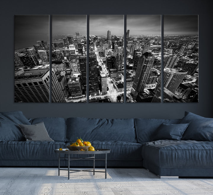 A Chicago Wall Art Canvas Print, specifically the Chicago City Night Canvas Print, is displayed in handcrafted frames.