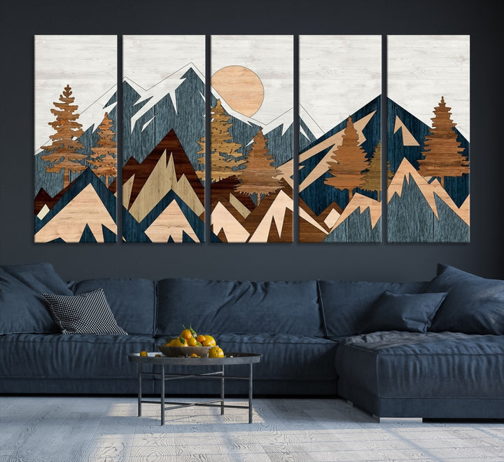 The Abstract Wood Panel Effect Mountain Range Top Wall Art Canvas Print is a striking three-panel art piece featuring mountains, trees, and the sun. Each canvas is gallery wrapped on museum-quality materials and comes with UV protection to ensure durability and preservation.