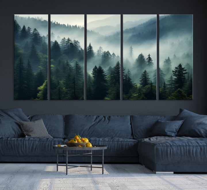 The Captivating Misty Forest Wall Art Premium Canvas Print offers a foggy and serene ambiance, enhancing the modern living room's atmosphere.