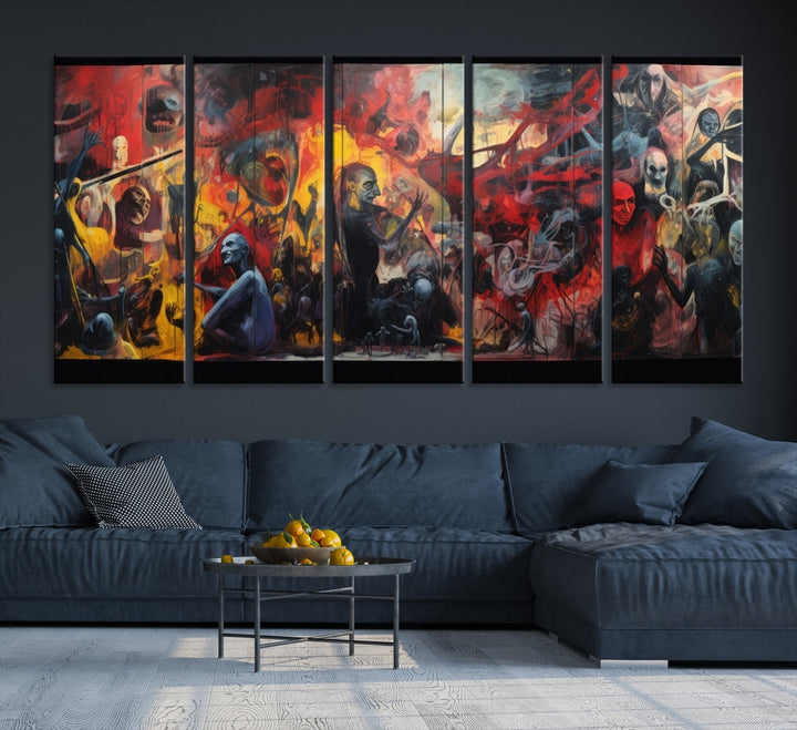 A vibrant Abstract Graffiti Wall Art triptych made of premium canvas, handmade in the USA, adorns the living room.