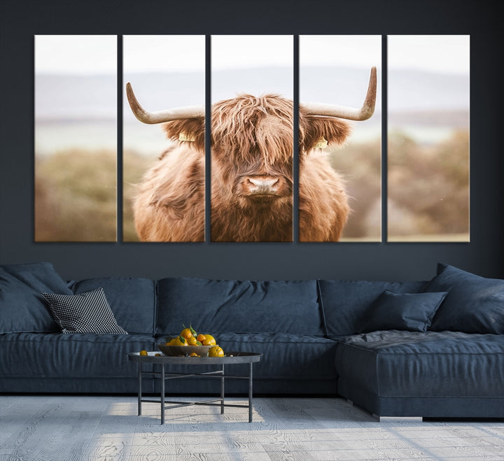 Canvas wall art featuring a Highland cow with long, shaggy fur in natural pastel tones, ready to hang.