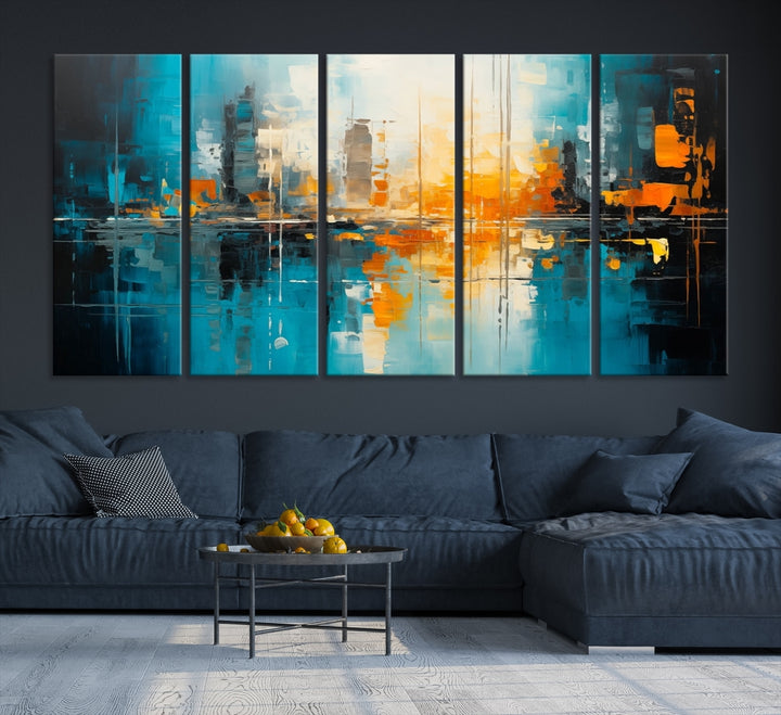 The Large Modern Abstract Wall Art Canvas Print, gallery wrapped on museum-quality canvas, enhances the modern living room setting.