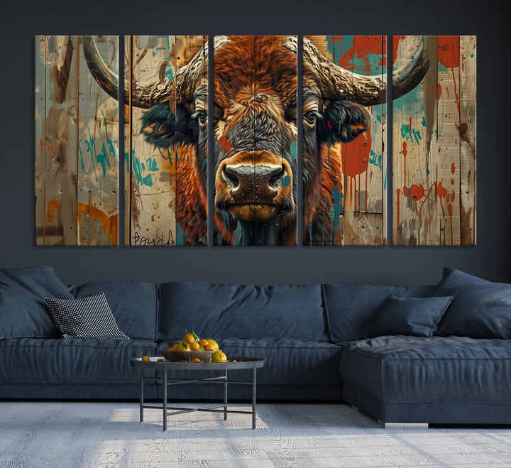 Bisonte lienzo pared arte American Buffalo Print Buffalo Impresión original Decoración rústica Arte de la pared de la granja Bison Wood fondo Large Wall Art