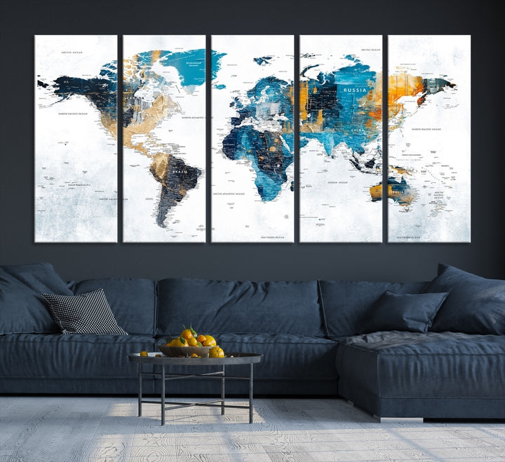 The World Map Turquoise Orange Wall Art Canvas Print, a triptych crafted on museum-quality canvases, adds aesthetic appeal and durability to the space.