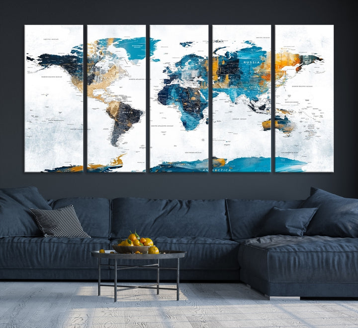 The "Turquoise Orange World Map Canvas Wall Art" showcases striking blue and orange tones. This museum-quality canvas features a UV-protective coating for enhanced durability and vibrant color retention.