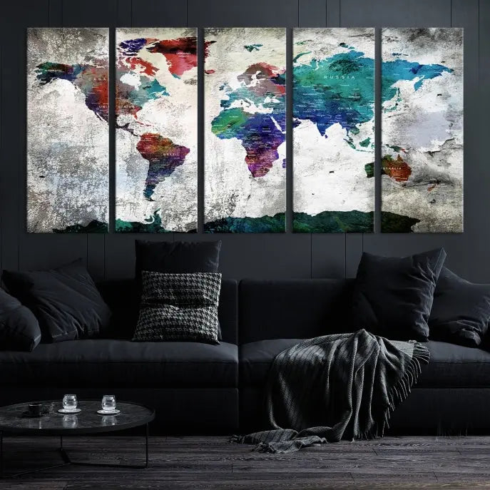 A three-panel World Map Wall Art Canvas Print, crafted with museum-quality materials, adorns the wall.