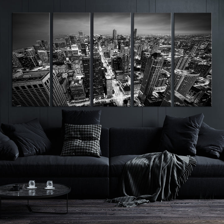 A Chicago Wall Art Canvas Print, specifically the Chicago City Night Canvas Print, is displayed in handcrafted frames.