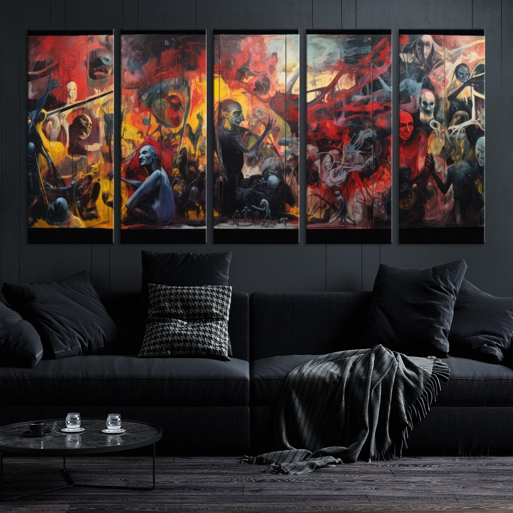 A vibrant Abstract Graffiti Wall Art triptych made of premium canvas, handmade in the USA, adorns the living room.