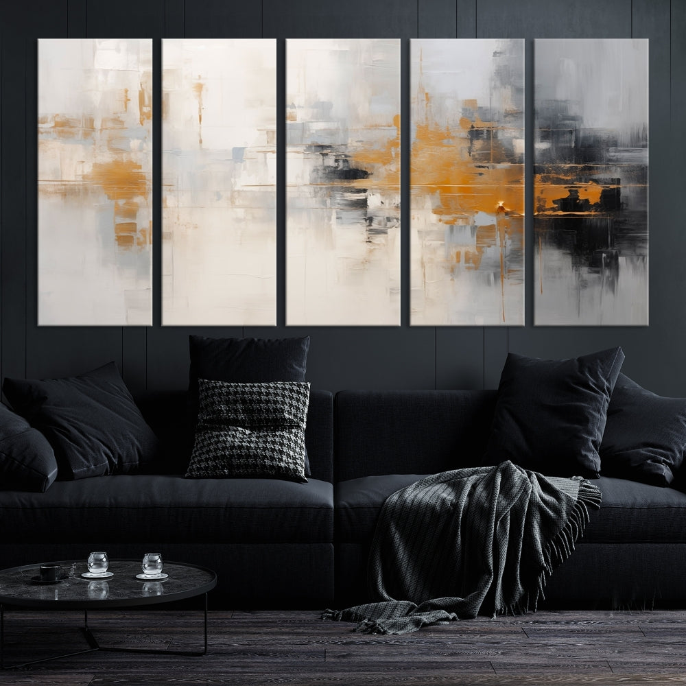 The Orange Pastel Abstract Wall Art Canvas Print, featuring a triptych of orange, white, and black hues, is elegantly displayed on museum-quality canvas.