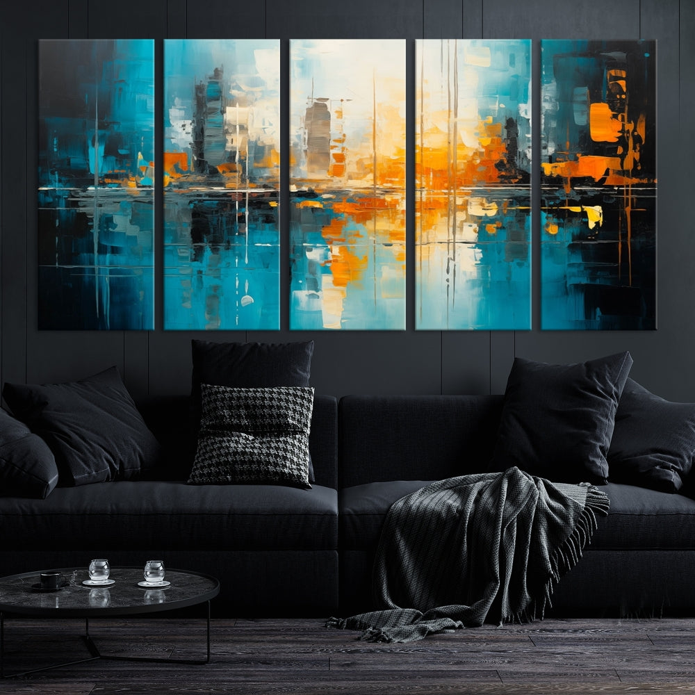 The Large Modern Abstract Wall Art Canvas Print, gallery wrapped on museum-quality canvas, enhances the modern living room setting.