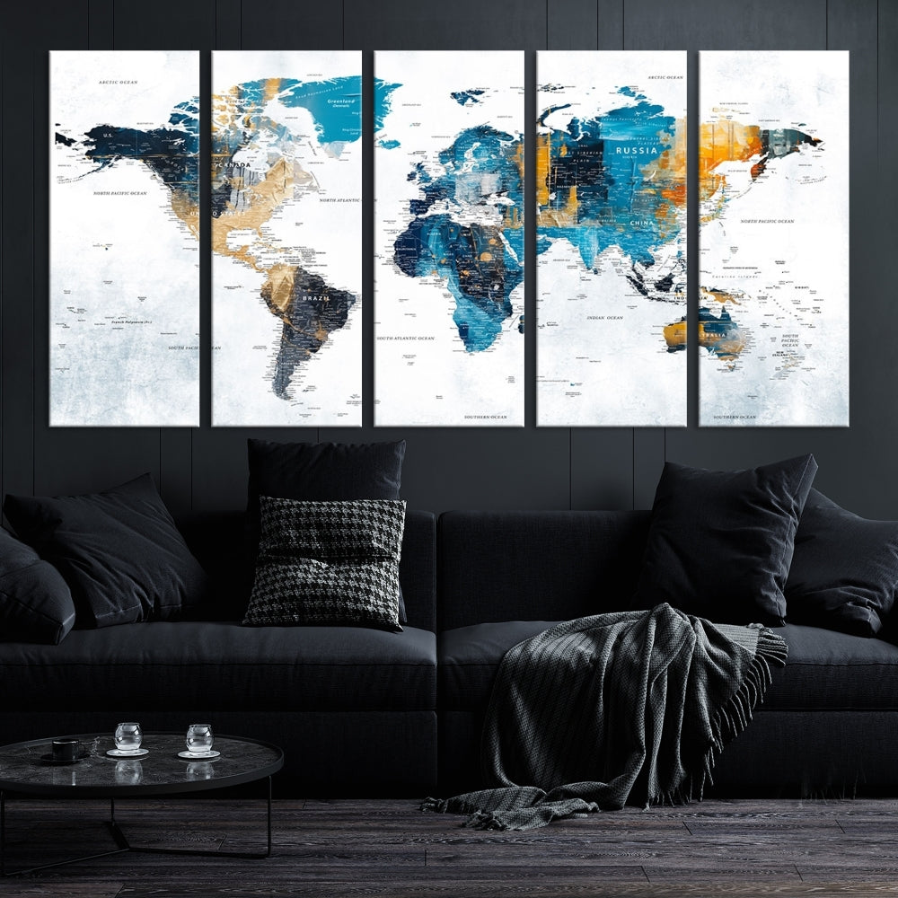 The World Map Turquoise Orange Wall Art Canvas Print, a triptych crafted on museum-quality canvases, adds aesthetic appeal and durability to the space.