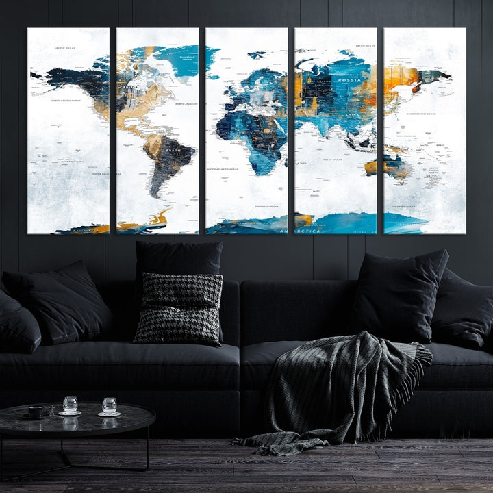 The "Turquoise Orange World Map Canvas Wall Art" showcases striking blue and orange tones. This museum-quality canvas features a UV-protective coating for enhanced durability and vibrant color retention.