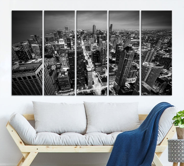 A Chicago Wall Art Canvas Print, specifically the Chicago City Night Canvas Print, is displayed in handcrafted frames.