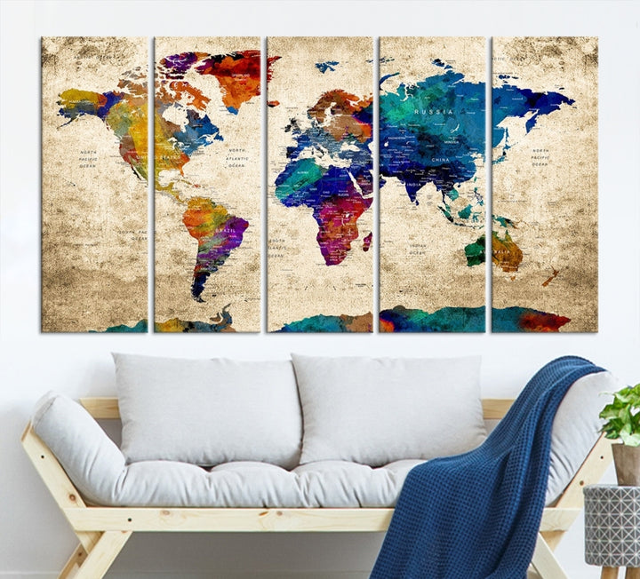 The Grunge Wall Art World Map Canvas Print is presented as a ready-to-hang triptych on museum-quality canvas.