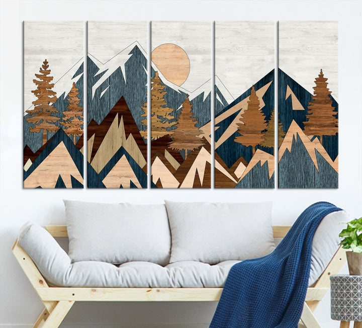 The Abstract Wood Panel Effect Mountain Range Top Wall Art Canvas Print is a striking three-panel art piece featuring mountains, trees, and the sun. Each canvas is gallery wrapped on museum-quality materials and comes with UV protection to ensure durability and preservation.