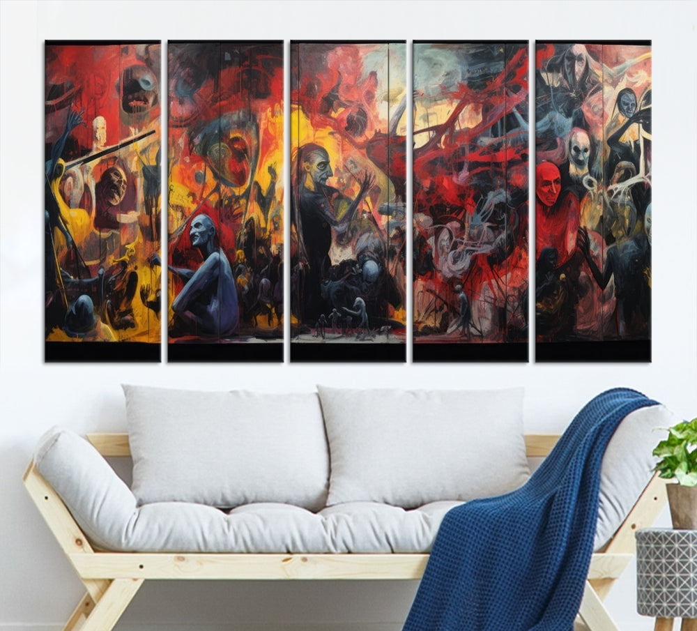 A vibrant Abstract Graffiti Wall Art triptych made of premium canvas, handmade in the USA, adorns the living room.