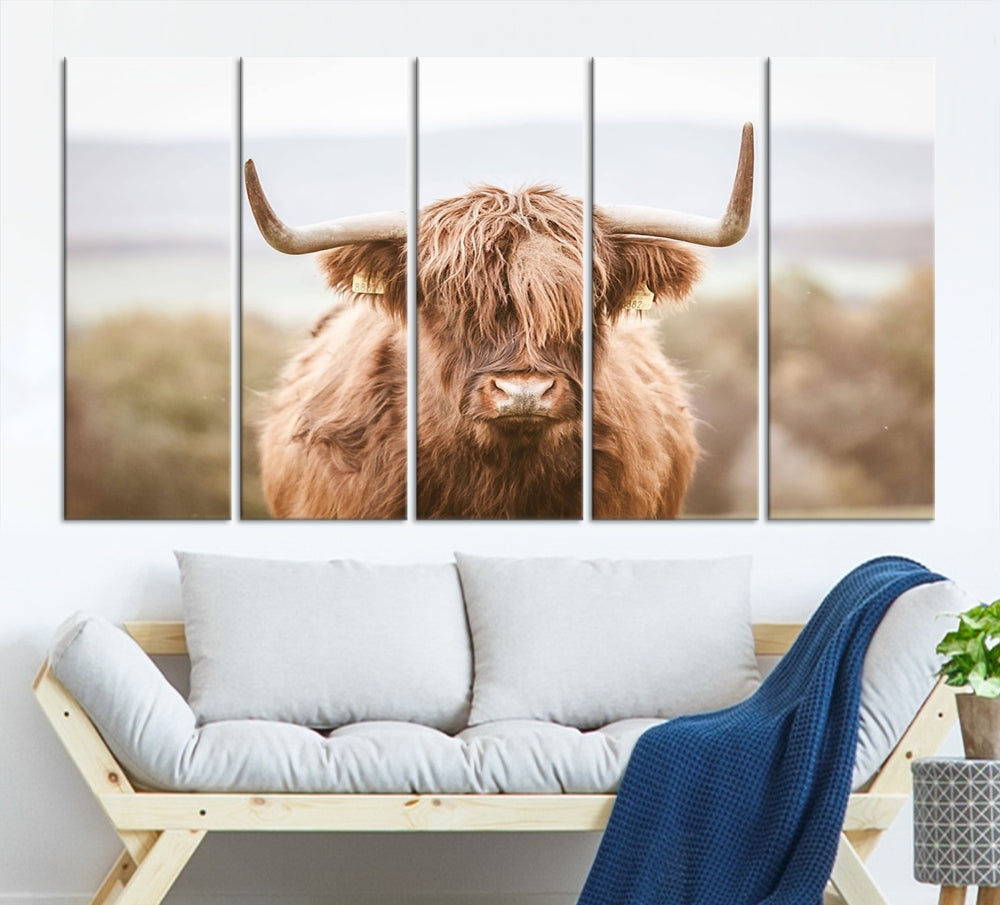 Canvas wall art featuring a Highland cow with long, shaggy fur in natural pastel tones, ready to hang.